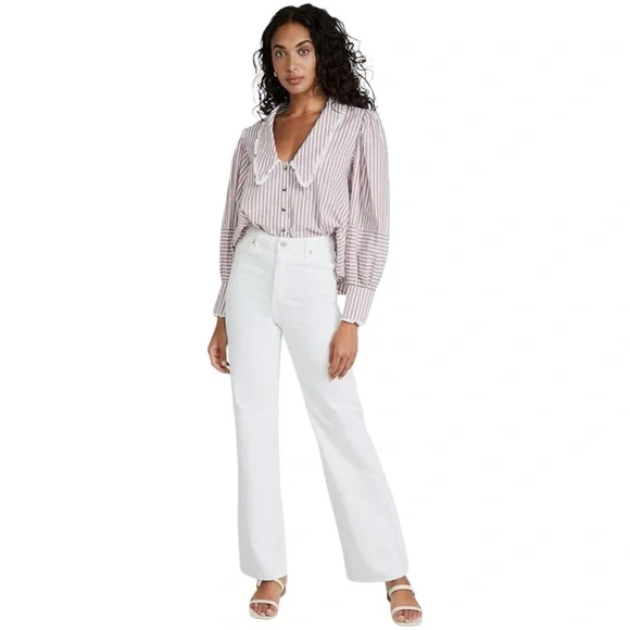 Free People Bexley Cotton Striped Blouse Button Up Puffed Sleeve Lace NEW M - Picture 5 of 15